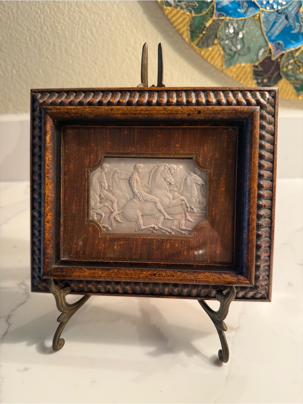 Vintage Petite Alabaster Horse Riding Relief in Wood Frame under Glass - Picture 7 of 7